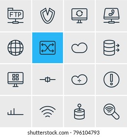 Vector illustration of 16 internet icons line style. Editable set of low connection, cloud storage, change and other elements.
