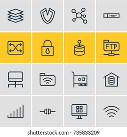 Vector Illustration Of 16 Internet; Web Icons. Editable Pack Of Wave, Database, Os Client And Other Elements.