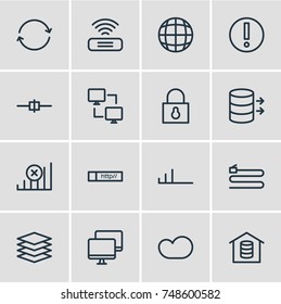 Vector Illustration Of 16 Internet; Web Icons. Editable Pack Of Wire, Cable, Synchronize And Other Elements.