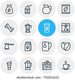 Vector Illustration Of 16 Java Icons. Editable Pack Of Espresso, Bag, Cup And Other Elements.