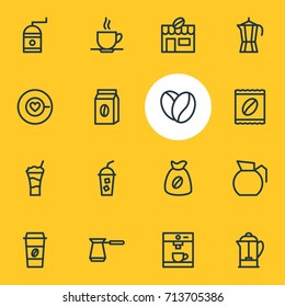 Vector Illustration Of 16 Java Icons. Editable Pack Of Espresso, Mill, Package Latte And Other Elements.