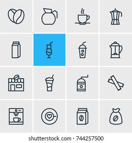 Vector Illustration Of 16 Java Icons. Editable Pack Of Soft Beverage, Coffeemaker, Mocha And Other Elements.