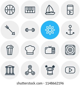 Vector illustration of 16 joy icons line style. Editable set of player, loudspeaker, spinner and other icon elements.