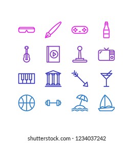 Vector illustration of 16 joy icons line style. Editable set of boat, arrow, pen and other icon elements.