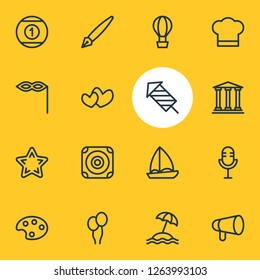 Vector illustration of 16 joy icons line style. Editable set of pen, loudspeaker, firework and other icon elements.