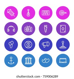 Vector Illustration Of 16 Joy Outline Icons. Editable Set Of Notebook, Megaphone, Dartboard And Other Elements.