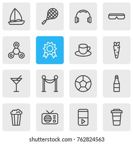 Vector Illustration Of 16 Joy Outline Icons. Editable Set Of Yacht, Hand Fidget, Premium Elements.