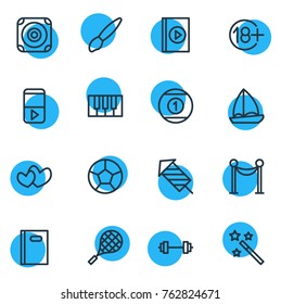 Vector Illustration Of 16 Joy Outline Icons. Editable Set Of Paintbrush, Petard, Multimedia And Other Elements.