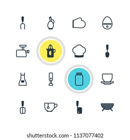 Vector illustration of 16 kitchenware icons. Editable set of bbq fork, jar, apron and other icon elements.