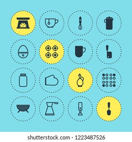 Vector illustration of 16 kitchenware icons. Editable set of decanter, egg split, electric stove and other icon elements.