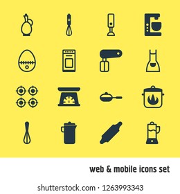 Vector illustration of 16 kitchenware icons. Editable set of whisk, hot pan, hand mixer icon elements.