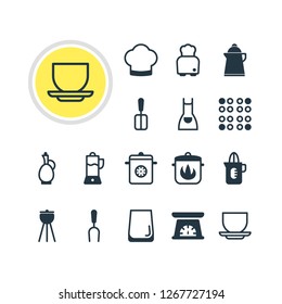 Vector illustration of 16 kitchenware icons. Editable set of apron, kitchen scale, kettle and other icon elements.