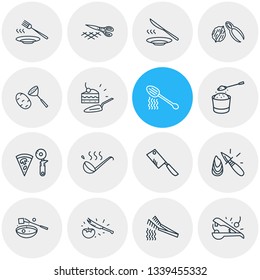 Vector illustration of 16 kitchenware icons line style. Editable set of pizza slicer, oyster knife, fondue fork and other icon elements.