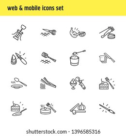 Vector illustration of 16 kitchenware icons line style. Editable set of garlic press, spaghetti tongs, pastry brush and other icon elements.