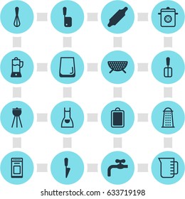 Vector Illustration Of 16 Kitchenware Icons. Editable Pack Of Bakery Roller, Slicer, Oven And Other Elements.