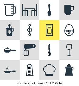 Vector Illustration Of 16 Kitchenware Icons. Editable Pack Of Shaker, Tablespoon, Wine And Other Elements.