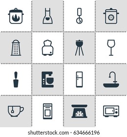Vector Illustration Of 16 Kitchenware Icons. Editable Pack Of Slicer, Washstand, Bread Elements.
