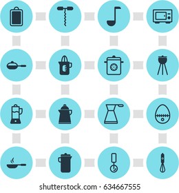 Vector Illustration Of 16 Kitchenware Icons. Editable Pack Of Wine Opener, Chopping Desk, Jug And Other Elements.