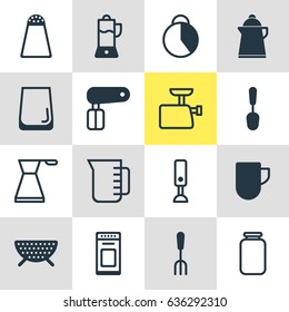 Vector Illustration Of 16 Kitchenware Icons. Editable Pack Of Pepper Container, Tea, Can And Other Elements.