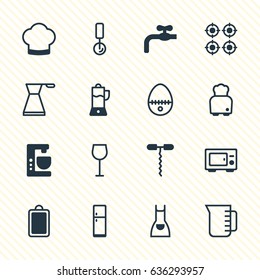 Vector Illustration Of 16 Kitchenware Icons. Editable Pack Of Oven, Refrigerator, Fruit Squeezer And Other Elements.