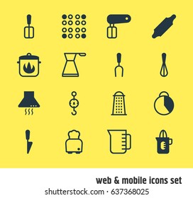 Vector Illustration Of 16 Kitchenware Icons. Editable Pack Of Kettle, Stewpot, Extractor Appliance And Other Elements.