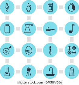 Vector Illustration Of 16 Kitchenware Icons. Editable Pack Of Soup Spoon, Breakfast, Skillet And Other Elements.