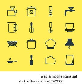 Vector Illustration Of 16 Kitchenware Icons. Editable Pack Of Cooking Spade, Sieve, Round Slicer And Other Elements.