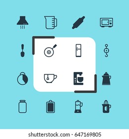 Vector Illustration Of 16 Kitchenware Icons. Editable Pack Of Fruit Squeezer, Tea, Shaker And Other Elements.