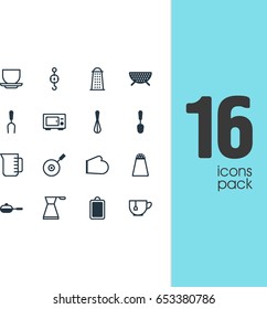 Vector Illustration Of 16 Kitchenware Icons. Editable Pack Of Corolla, Tablespoon, Coffee Cup And Other Elements.