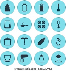 Vector Illustration Of 16 Kitchenware Icons. Editable Pack Of Round Slicer, Chopping Desk, Soup Pan And Other Elements.