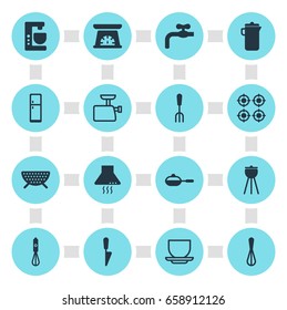 Vector Illustration Of 16 Kitchenware Icons. Editable Pack Of Faucet, Coffee Cup, Handmixer Elements.