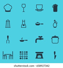 Vector Illustration Of 16 Kitchenware Icons. Editable Pack Of Faucet, Coffee Cup, Cooker And Other Elements.