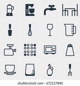 Vector Illustration Of 16 Kitchenware Icons. Editable Pack Of Cooker, Carafe, Dinner Table And Other Elements.