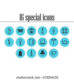 Vector Illustration Of 16 Kitchenware Icons. Editable Pack Of Mug, Stewpot, Steelyard And Other Elements.
