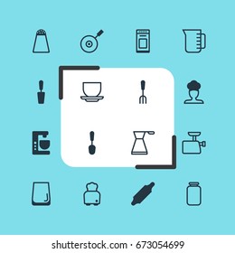 Vector Illustration Of 16 Kitchenware Icons. Editable Pack Of Carafe, Kettle, Spatula And Other Elements.