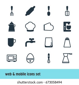 Vector Illustration Of 16 Kitchenware Icons. Editable Pack Of Handmixer, Faucet, Fork Elements.