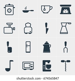 Vector Illustration Of 16 Kitchenware Icons. Editable Pack Of Soup Spoon, Refrigerator, Mixer And Other Elements.