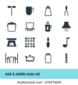 Vector Illustration Of 16 Kitchenware Icons. Editable Pack Of Pepper Container, Dinner Table, Coffee Cup And Other Elements.