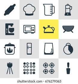 Vector Illustration Of 16 Kitchenware Icons. Editable Pack Of Teakettle, Barbecue, Carafe And Other Elements.