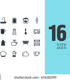 Vector Illustration Of 16 Kitchenware Icons. Editable Pack Of Mincer, Steelyard, Oven And Other Elements.