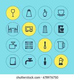 Vector Illustration Of 16 Kitchenware Icons. Editable Pack Of Corolla, Carafe, Cooker And Other Elements.