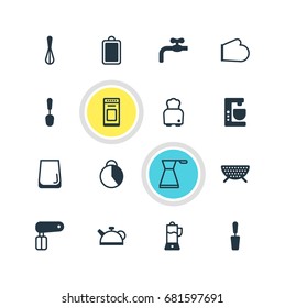 Vector Illustration Of 16 Kitchenware Icons. Editable Pack Of Chopping Desk, Timekeeper, Glass Cup And Other Elements.