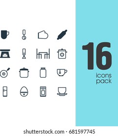 Vector Illustration Of 16 Kitchenware Icons. Editable Pack Of Oven, Dinner Table, Skillet And Other Elements.
