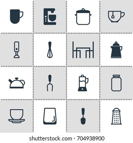 Vector Illustration Of 16 Kitchenware Icons. Editable Pack Of Tea Cup, Soup Pan, Fruit Squeezer And Other Elements.