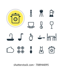 Vector Illustration Of 16 Kitchenware Icons. Editable Pack Of Coffee Cup, Smock, Tablespoon And Other Elements.