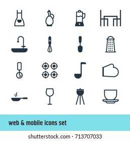 Vector Illustration Of 16 Kitchenware Icons. Editable Pack Of Oven Mitts, Furnace, Fruit Squeezer And Other Elements.