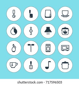 Vector Illustration Of 16 Kitchenware Icons. Editable Pack Of Soup Spoon, Round Slicer, Oven And Other Elements.