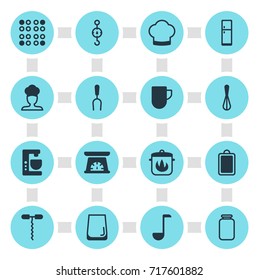 Vector Illustration Of 16 Kitchenware Icons. Editable Pack Of Glass Cup, Wine Opener, Refrigerator And Other Elements.