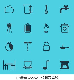 Vector Illustration Of 16 Kitchenware Icons. Editable Pack Of Barbecue, Oven Mitts, Dinner Table And Other Elements.