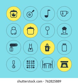 Vector Illustration Of 16 Kitchenware Icons. Editable Set Of Dinner Table, Stewpot, Can And Other Elements.